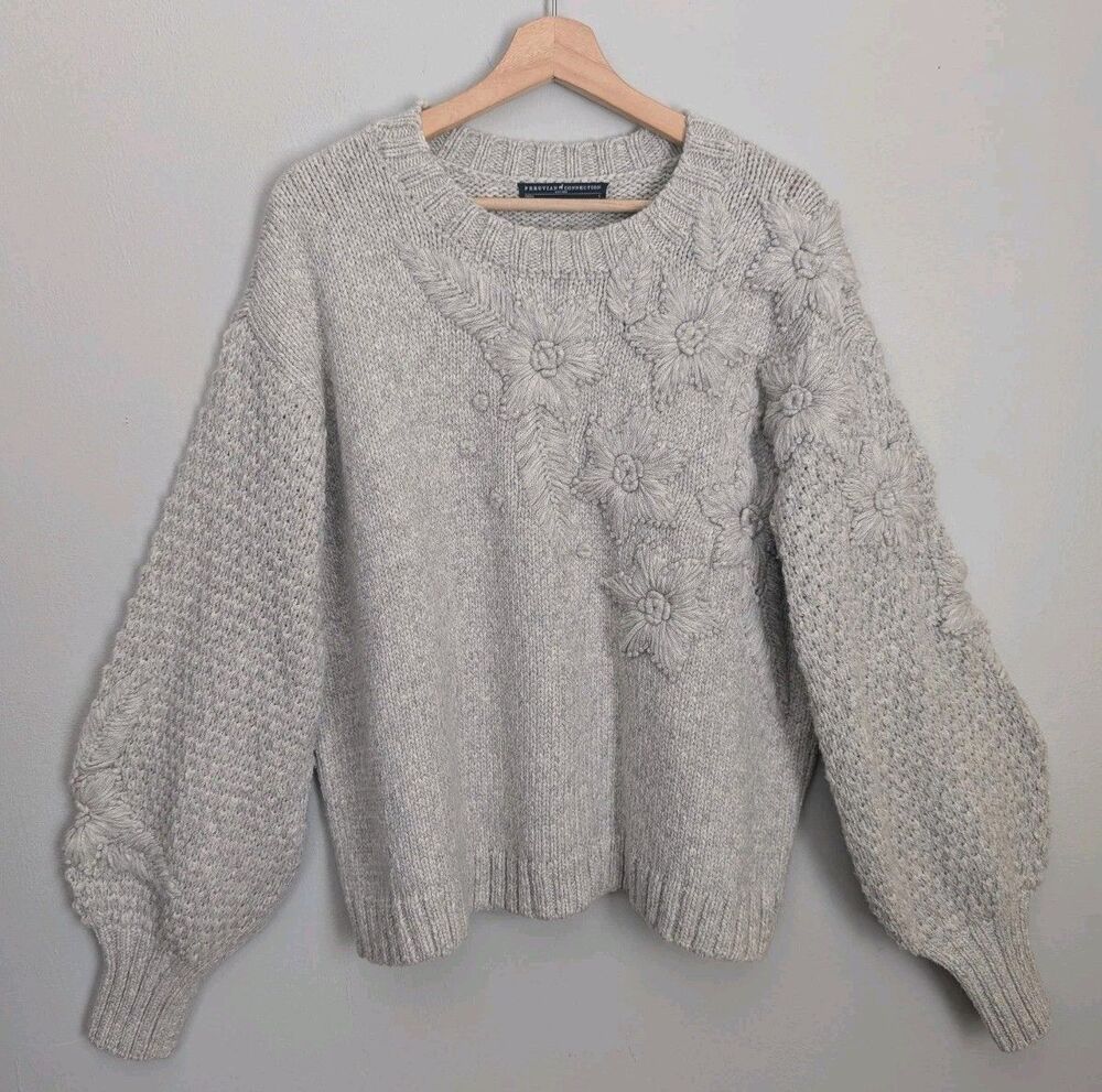 Peruvian Connection Baby Alpaca Sweater Chunky Embroidered Soft Neutral Wool L